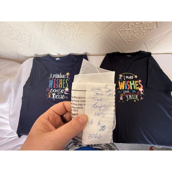 Lot of 2 T-shirts Size Large Navy blue I make Wishes Come True  1 cotton 1 poly - Picture 9 of 9